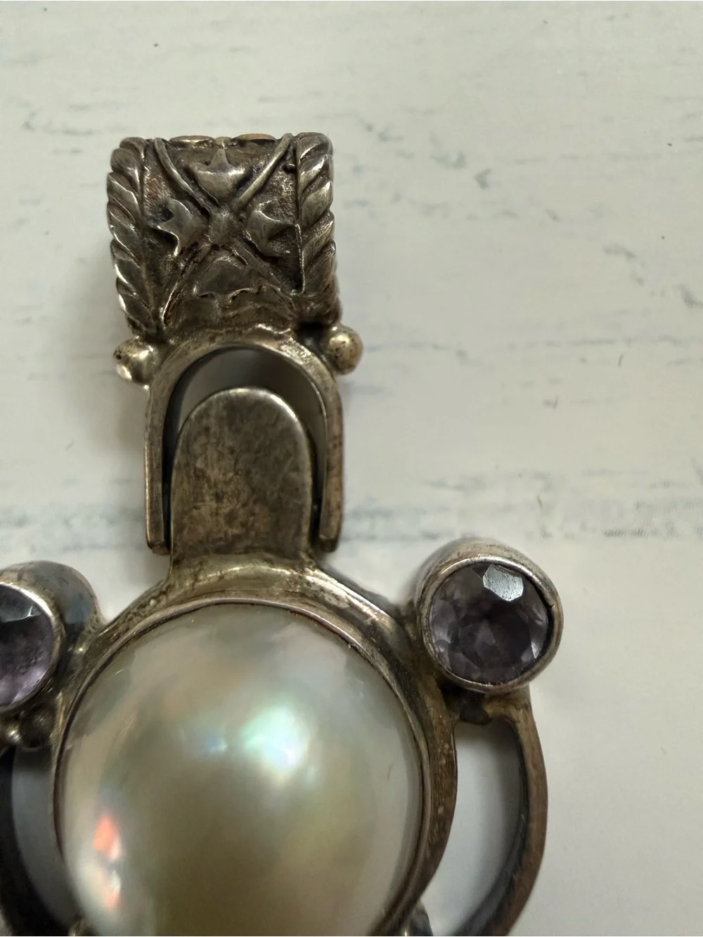 925 Sterling Silver Pearl Pendant with Blue and Purple Topaz Stones